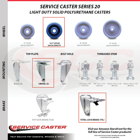 Service Caster 3.5 Inch SS Solid Polyurethane Top Plate Caster Lock Brake 2 Rigid SCC, 2PK SCC-SSTTL20S3514-SPUS-2-R-2